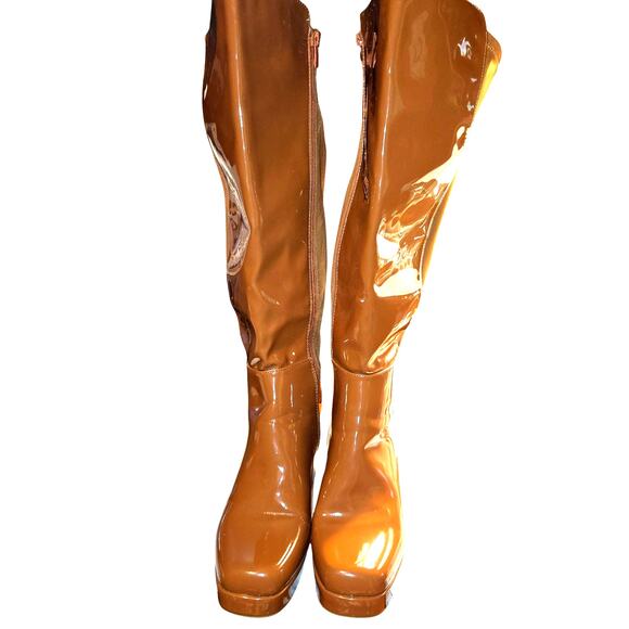 Top Moda 11 Brown Paten Leather Women's Knee Length Riding Boots Shoes 4 In Heel - Picture 3 of 8